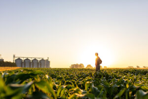 Farmer standing on corn field against sky with silos in background
